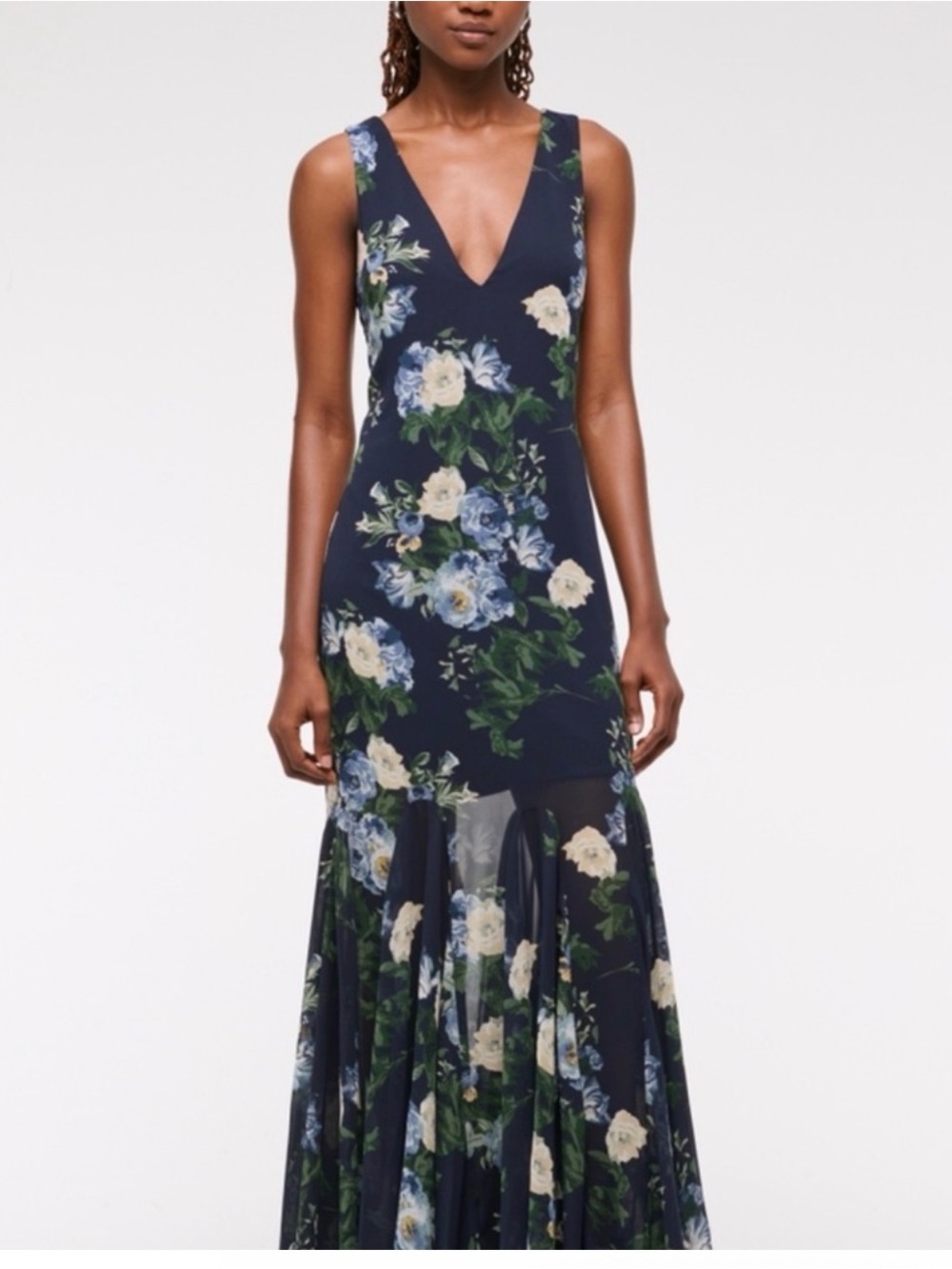 Abercrombie & Fitch Navy Floral V-Neck Fitted-to-Flare Maxi Dress